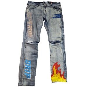 Black Pike Jeans Mens Blue Grunge Graffiti Distressed Y2K Flame 90s Size 36x32‎